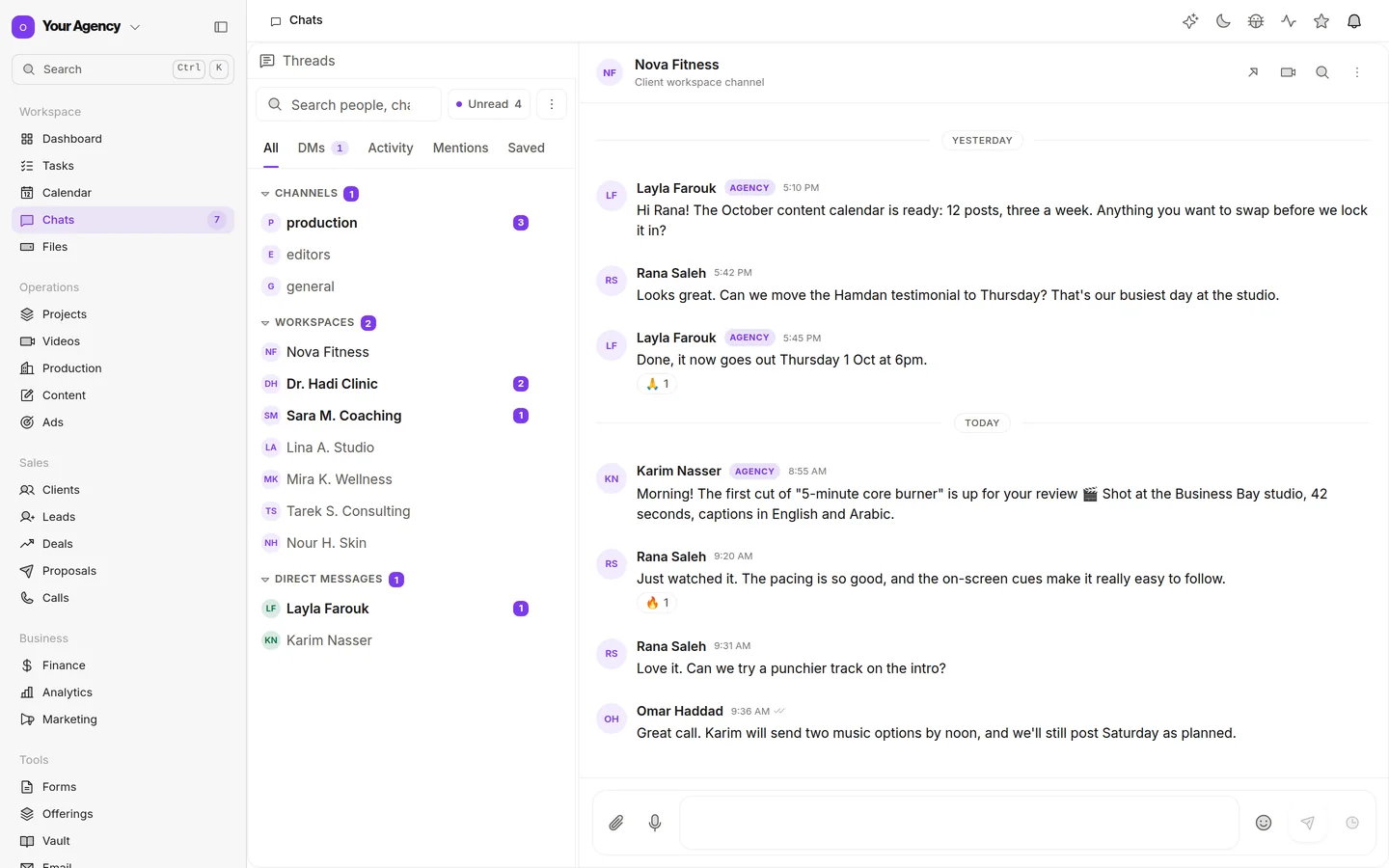 ClipsOS Chats with the Nova Fitness client channel open: the agency and the client agreeing changes to the October content