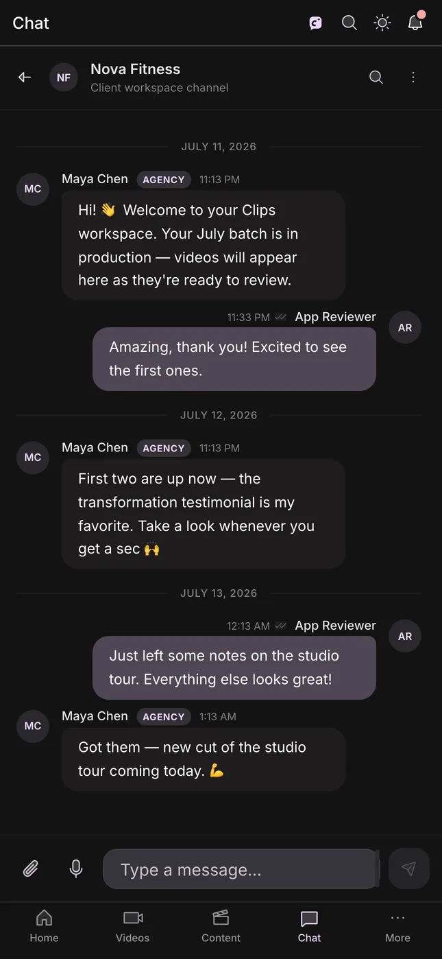 The client workspace chat in the ClipsOS app