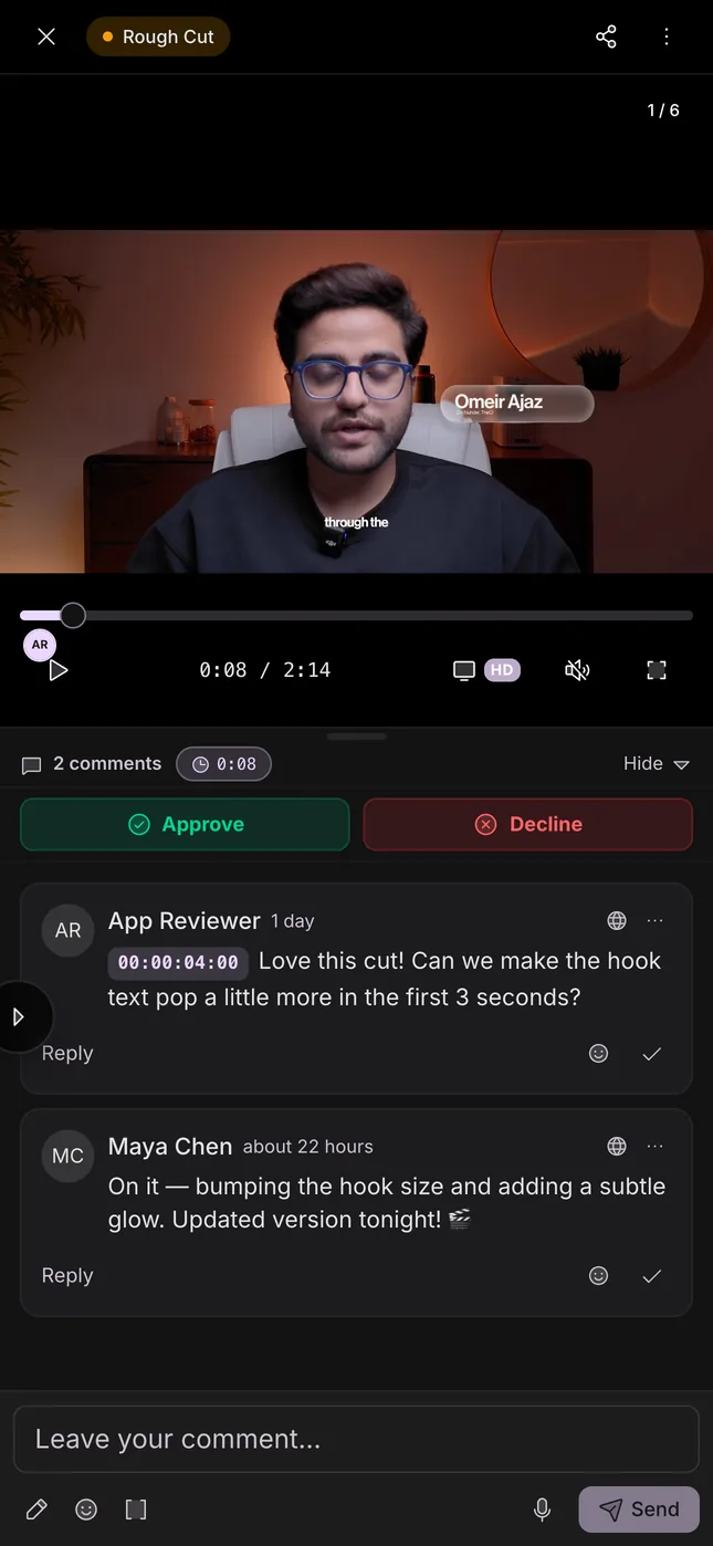 Reviewing a rough cut in the ClipsOS app with a comment pinned at four seconds and Approve and Decline buttons